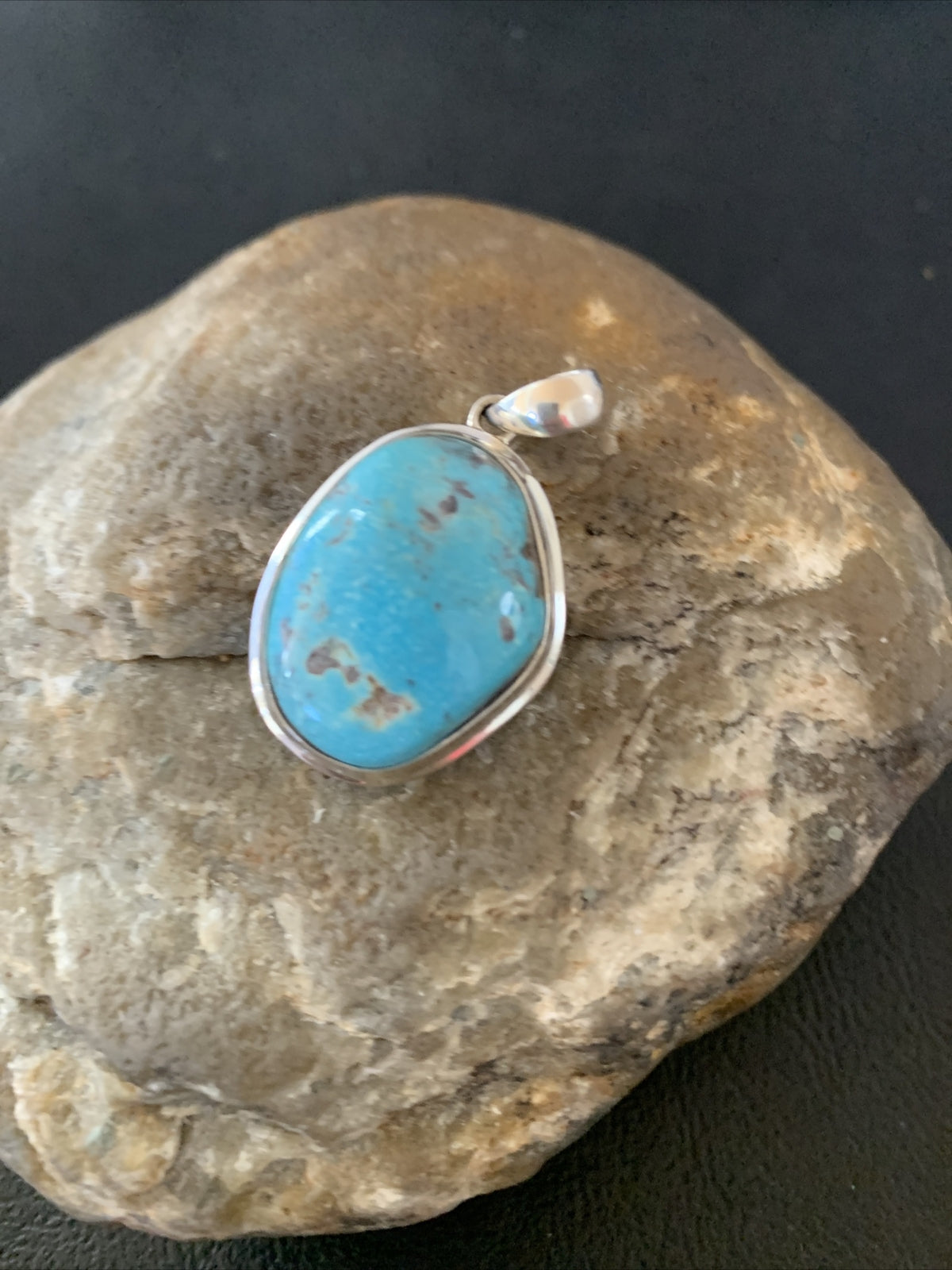 Blue Bisbee Turquoise Navajo Sterling Silver Pendant 1.5" 1624N
