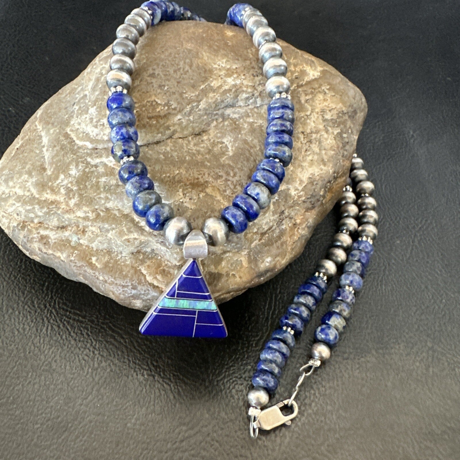 Blue~Lapis~Pendant~Navajo~Pearls~Sterling~Silver~Necklace~ 22”~18743