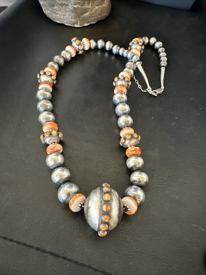 XL Orange Spiny Oyster Navajo Pearls Graduated Sterling Bead Necklace 25" 19610