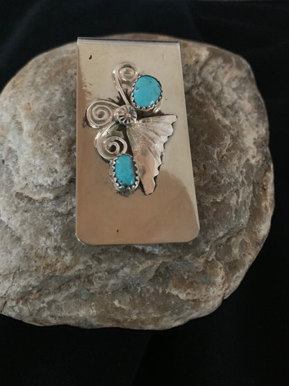 Mens Turquoise Navajo Stainless Sterling Silver Money Clip 02732