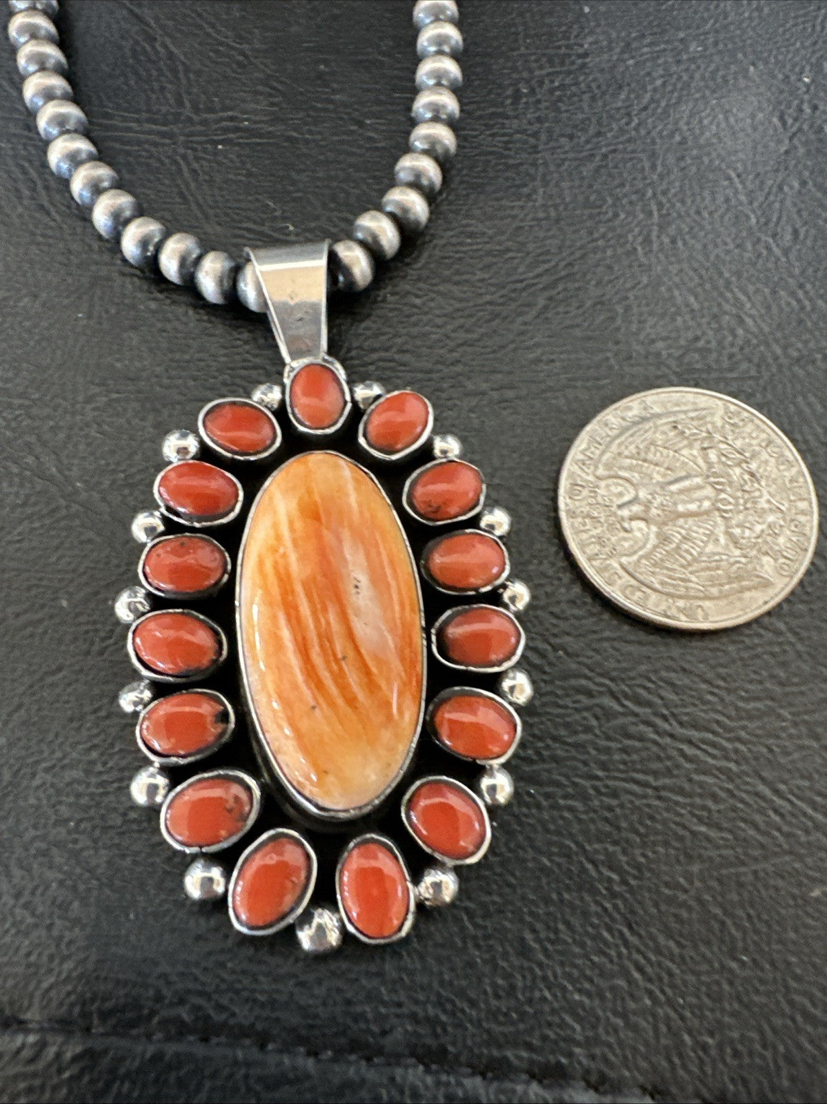 Red Coral Orange Spiny Navajo Sterling Silver Cluster Pendant Necklace 19565