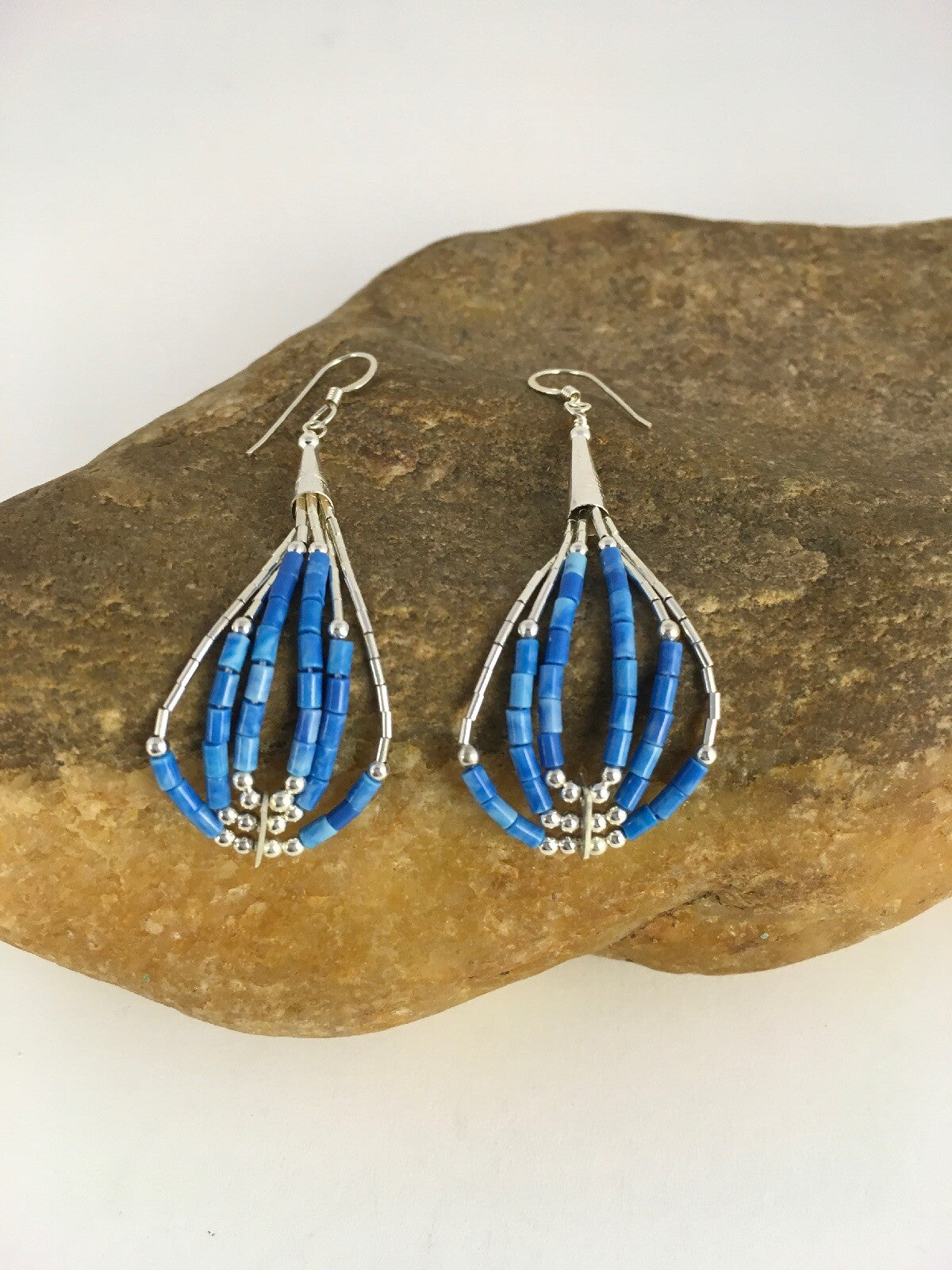 Blue Turquoise Heishi Tube Liquid Sterling Silver Dangle Earrings 2” 8873