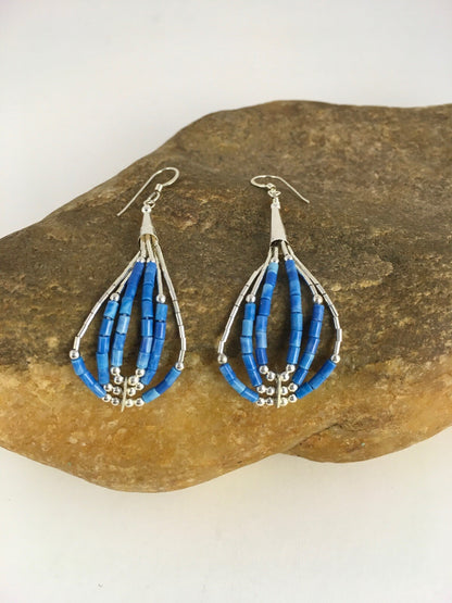 Blue Turquoise Heishi Tube Liquid Sterling Silver Dangle Earrings 2” 8873