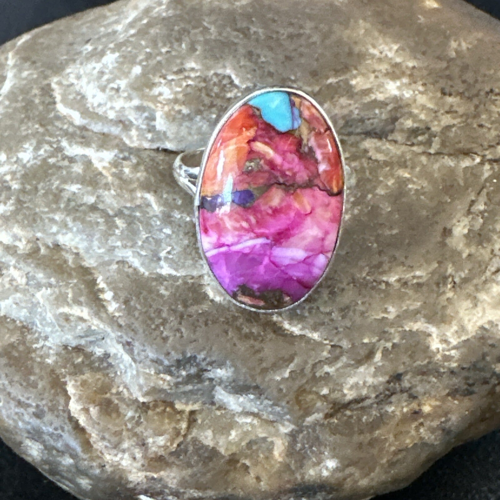 Blue Turquoise Spiny Oyster Southwestern Sterling Silver Ring Size 8 18483