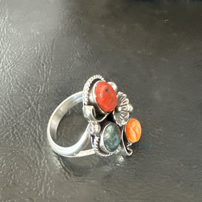 Multicolor Ring Turquoise Coral Spiny Navajo Sterling Silver Cluster Sz 10 19193