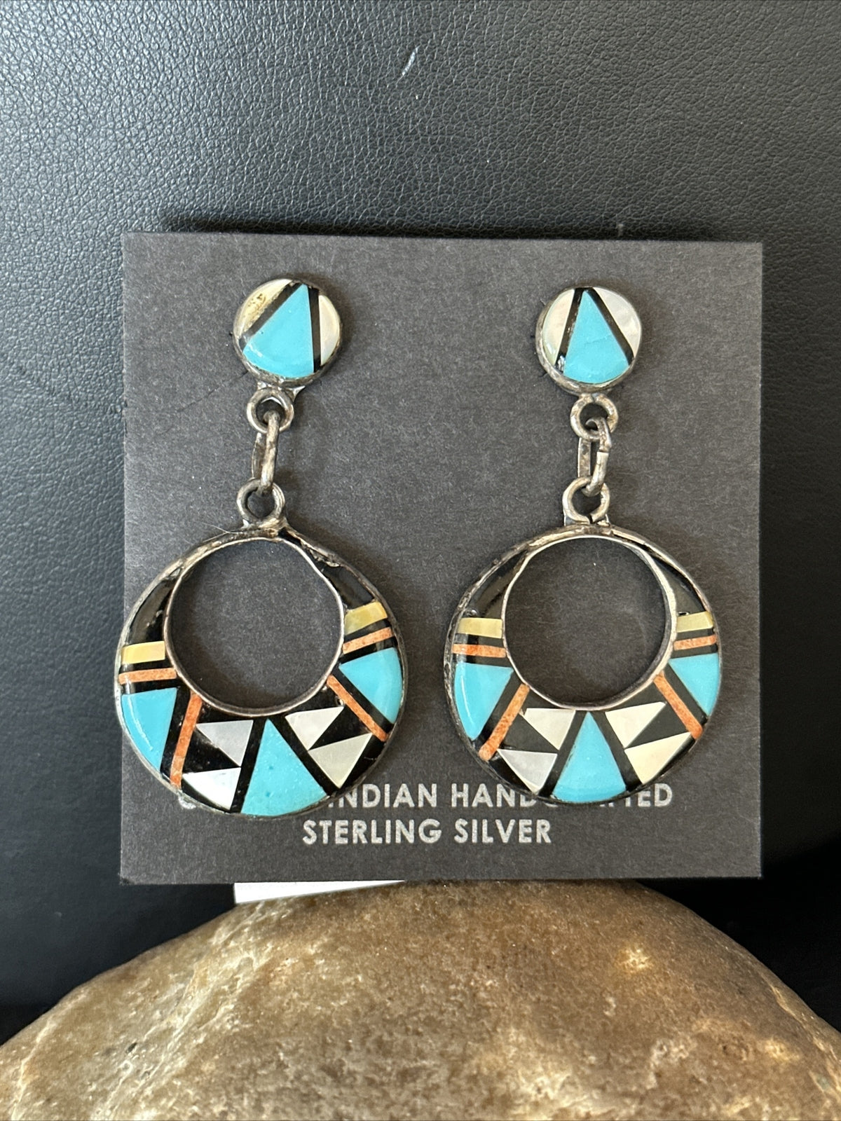 Coral Turquoise Onyx Abalone Zuni Sterling Silver Inlay Earrings 14768