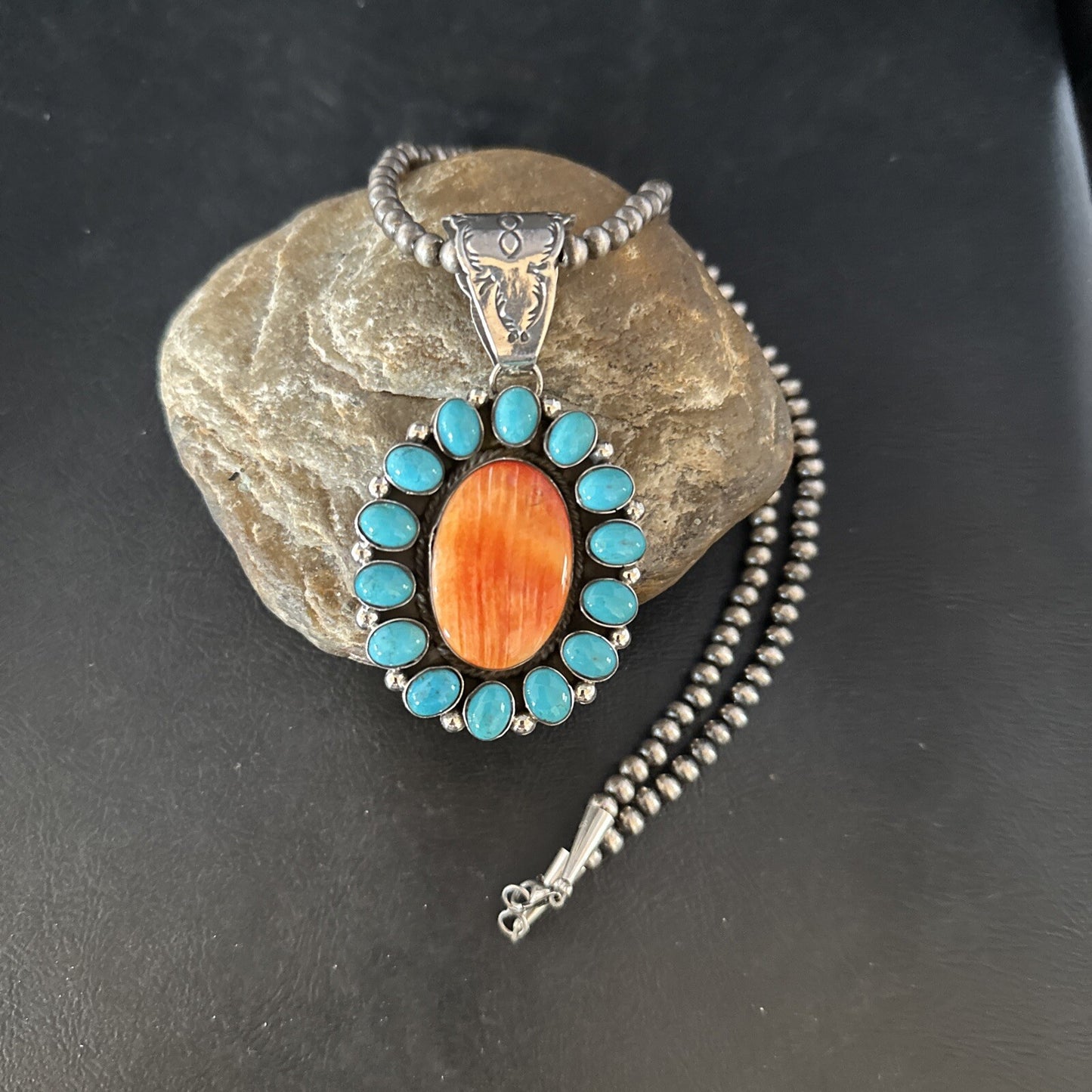 Blue Cluster Kingman Turquoise Sterling Orange Spiny Oyster Pendant 14278