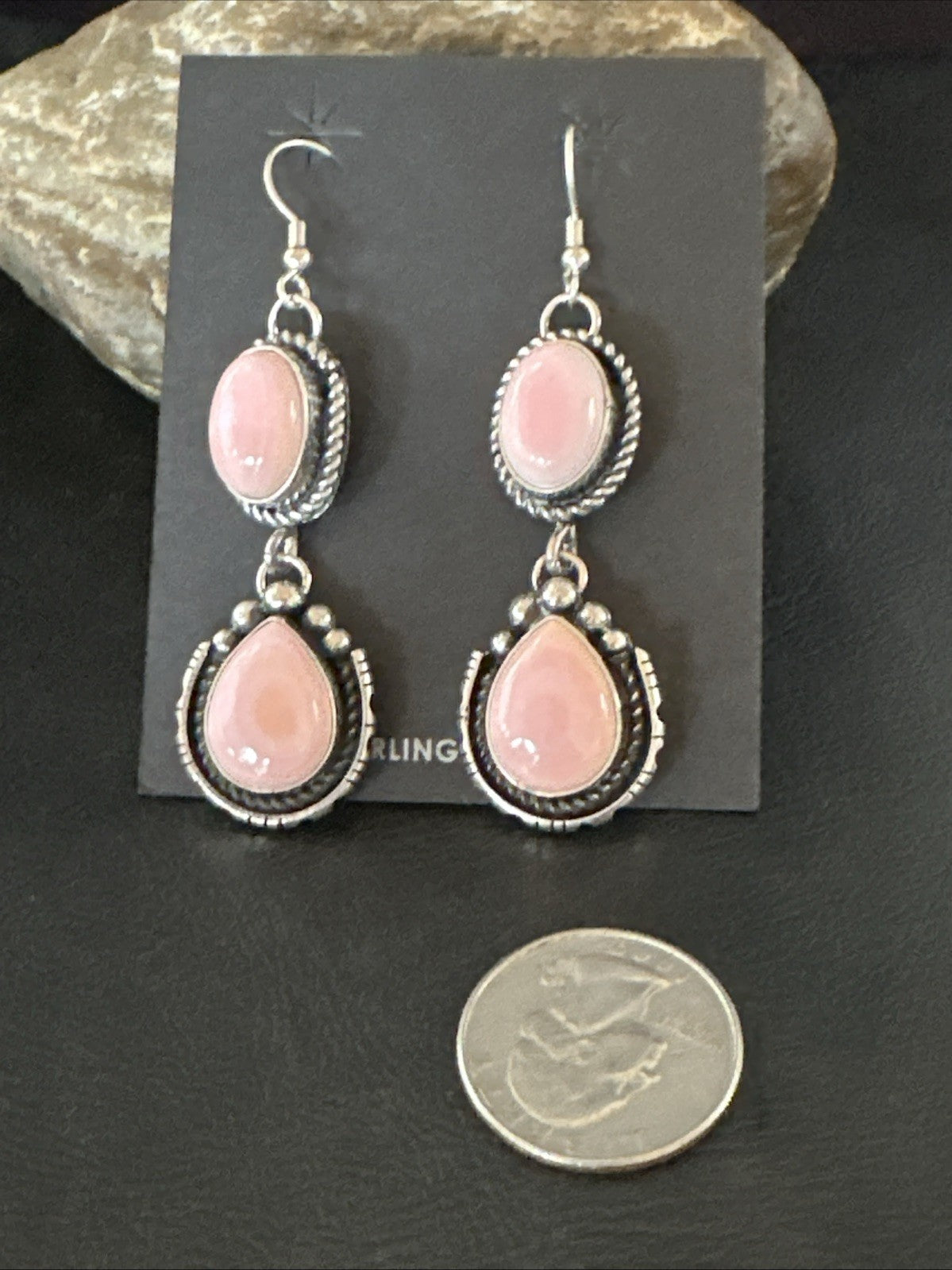 Yazzie Pink Queen Conch Navajo Sterling Silver Dangle Earrings 19320