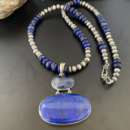Lapis Lazuli Pendant Navajo Pearls Sterling Silver Necklace 11366