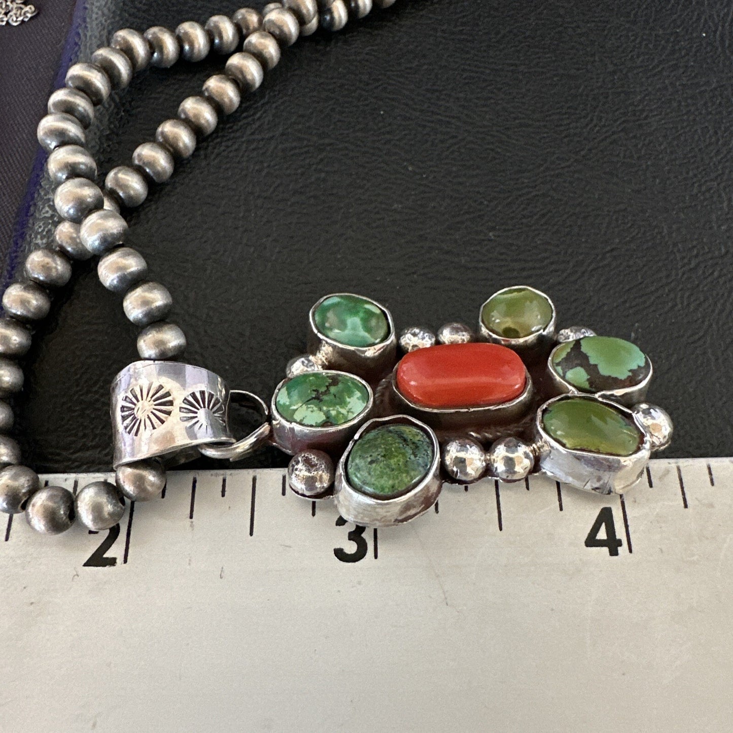 Navajo Sterling Cluster Red Turquoise Pendant Necklace 17714