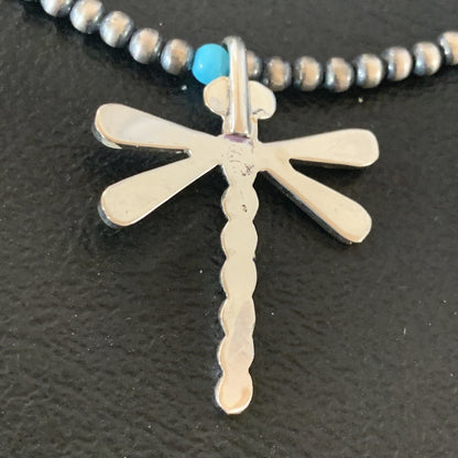 Blue Turquoise Dragonfly Pendant Zuni Sterling Silver Necklace 12058