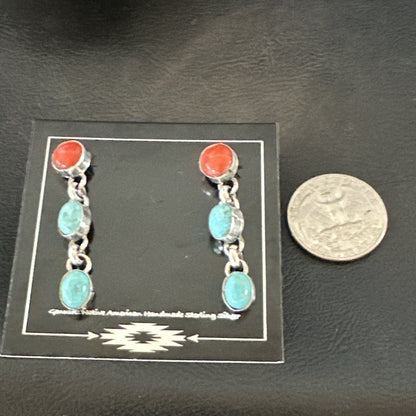 Blue Turquoise Red Spiny MultiColor Navajo Sterling Silver Inlay Earrings 18355