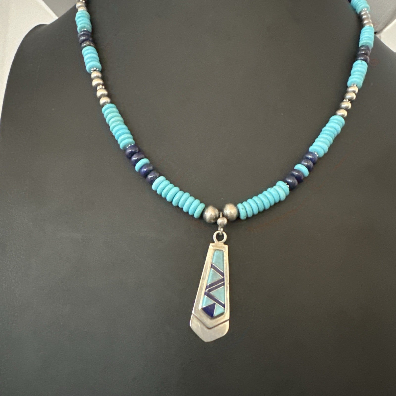 Blue Lapis Turquoise Inlay Pendant Navajo Sterling Silver Necklace 20" 19657
