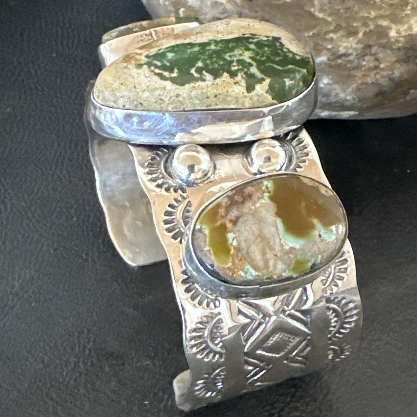 Navajo Green Royston TURQUOISE Stamped Sterling Silver Cuff Bracelet 18975