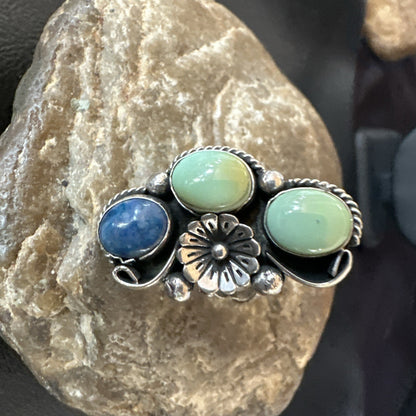 Yazzie Ring Green Turquoise Lapis Navajo Sterling Silver Cluster Size 8 19224