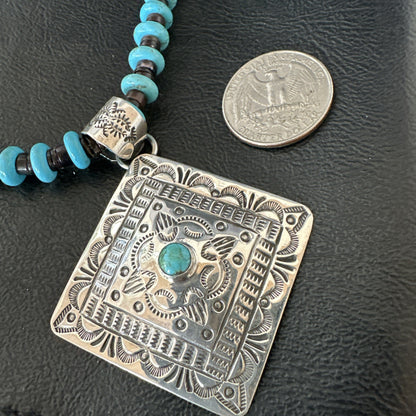 Navajo Blue Turquoise Stamped Pendant Shell Sterling Silver 25” Necklace 19708