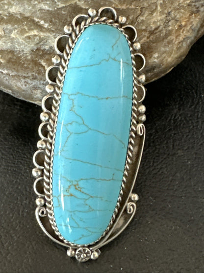 XL Blue Turquoise Navajo Sterling Silver Ring Size 10 19780