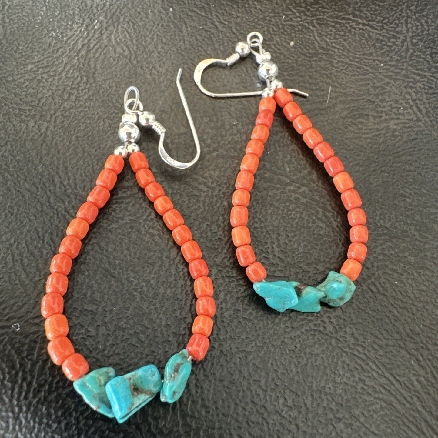 Blue Turquoise Coral Navajo Sterling Silver Earrings 2” 18833