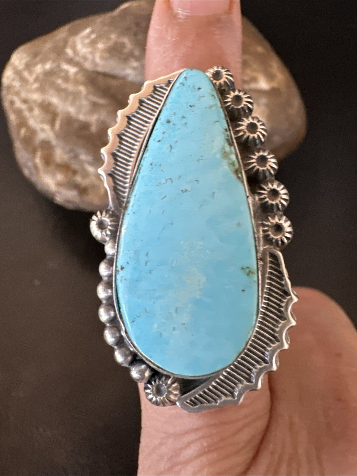 Navajo Sterling Silver Blue Kingman Turquoise Adjustable Ring Sz 7 18772