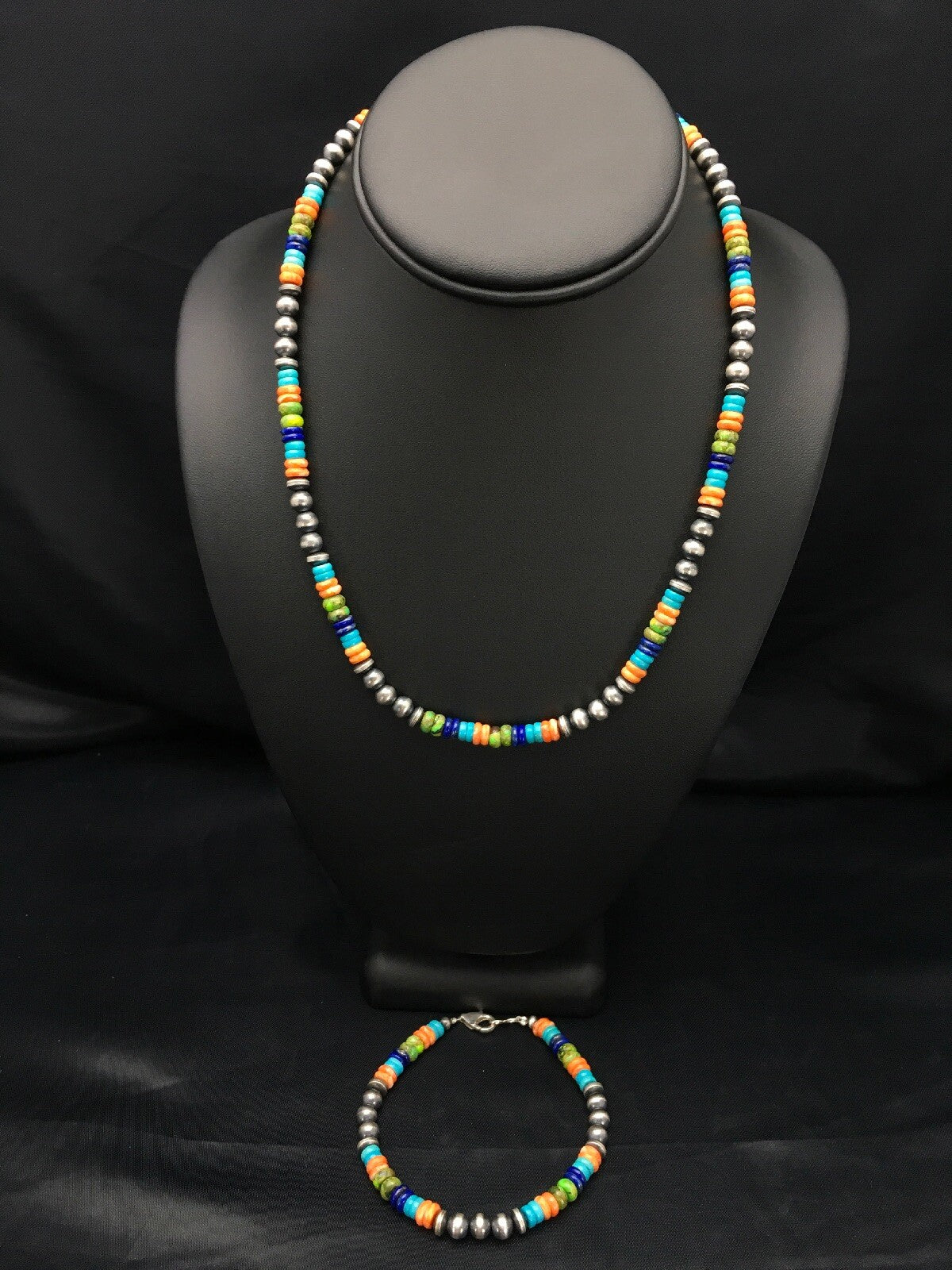 Southwestern Turquoise Spiny Lapis Silver Necklace Bracelet Set 8" 02762