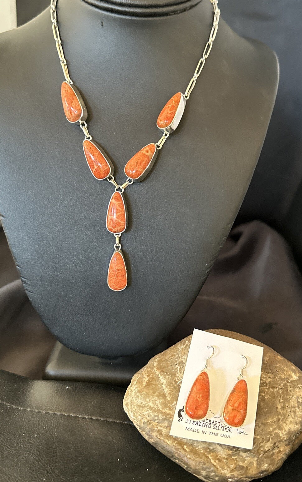 Women Apple Coral Lariat Necklace Pendant Earrings Sterling Silver 16” 18409