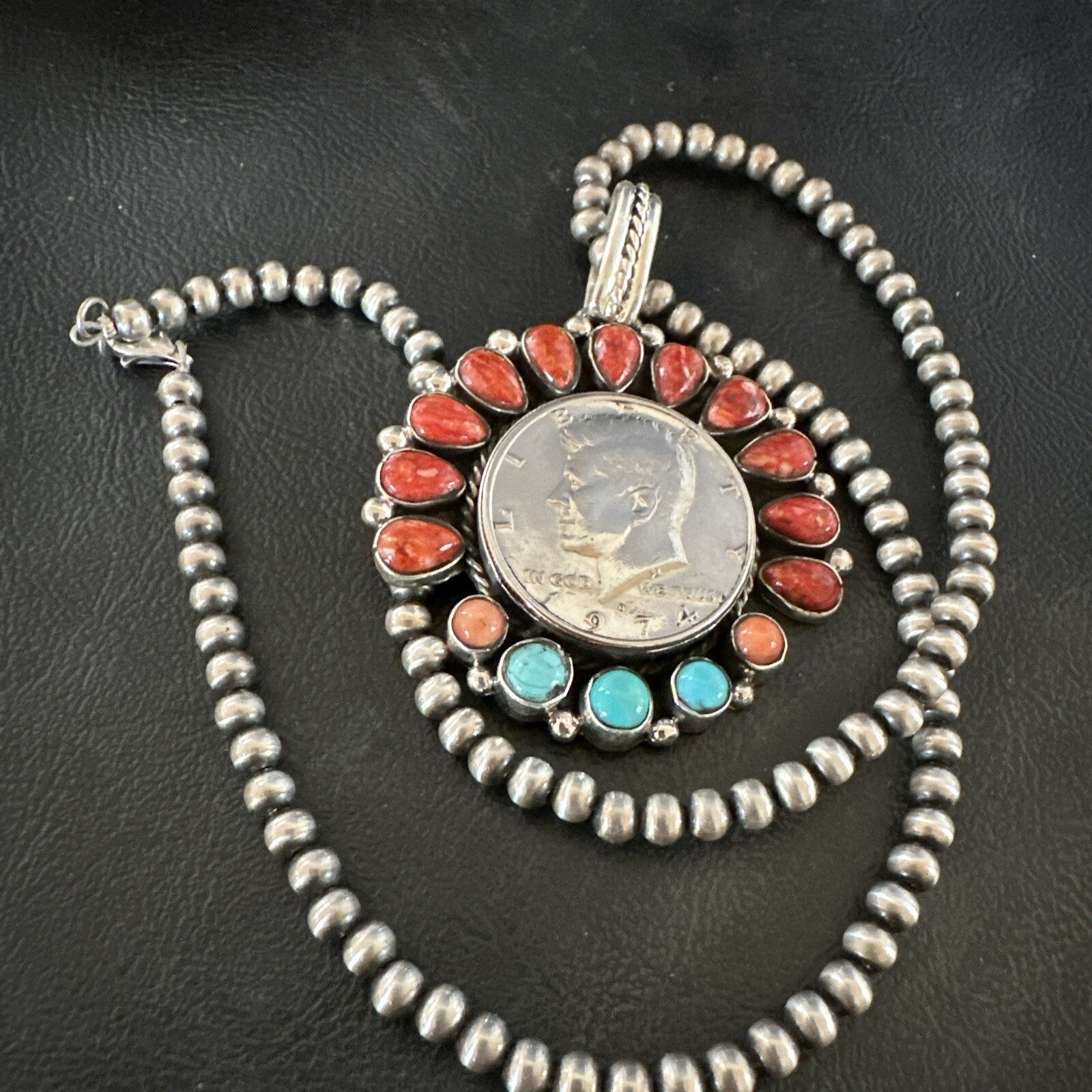 Coin Pendant Red Spiny Oyster Turquoise Navajo Sterling Silver Necklace 17924