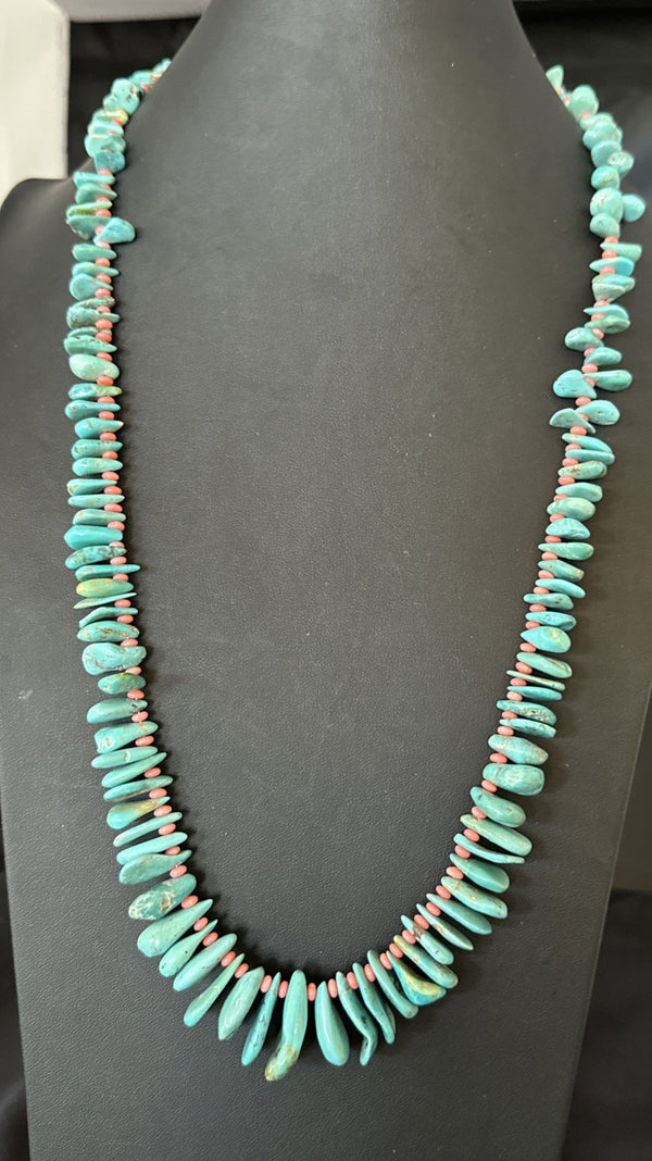 Men's Women Navajo Blue Turquoise Pink Coral Necklace 28" | Sterling Silver | Authentic Native American Handmade | 19746