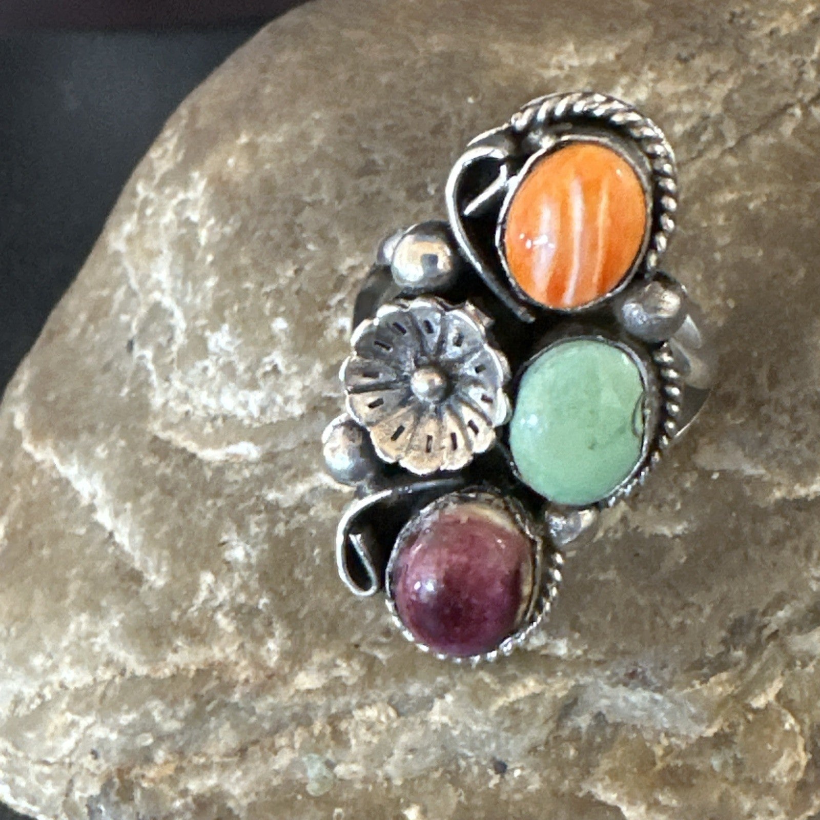 Multicolor Ring Turquoise Spiny Navajo Sterling Silver Cluster Size 9 19174