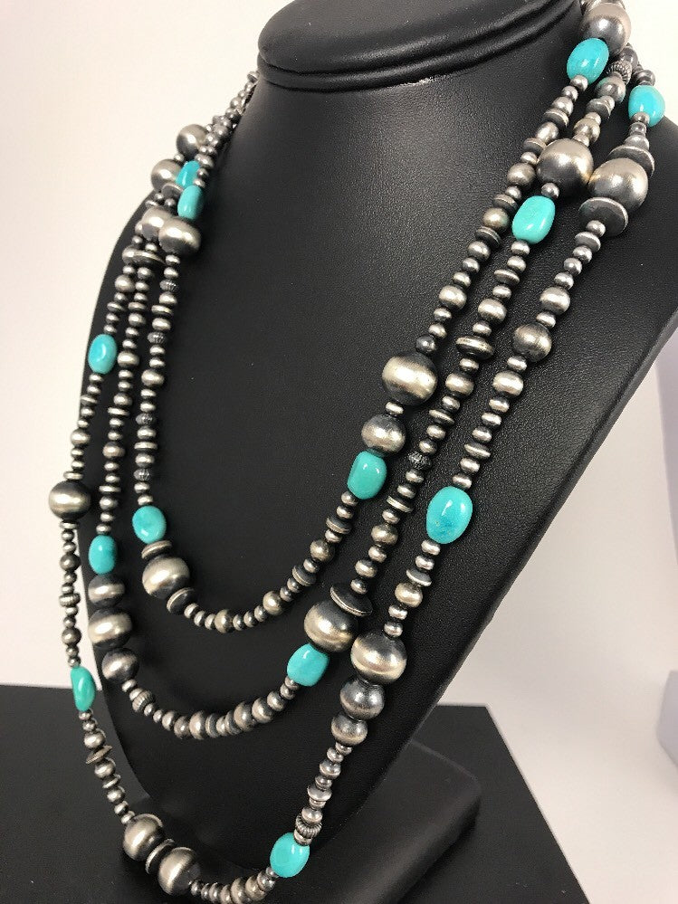 Sterling Silver Navajo Pearls Sleeping Beauty Turquoise Necklace 70" 8051