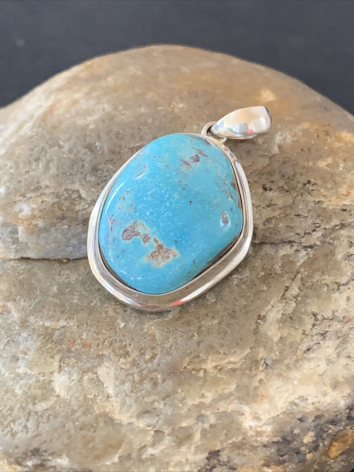 Blue Bisbee Turquoise Navajo Sterling Silver Pendant 1.5" 1624N