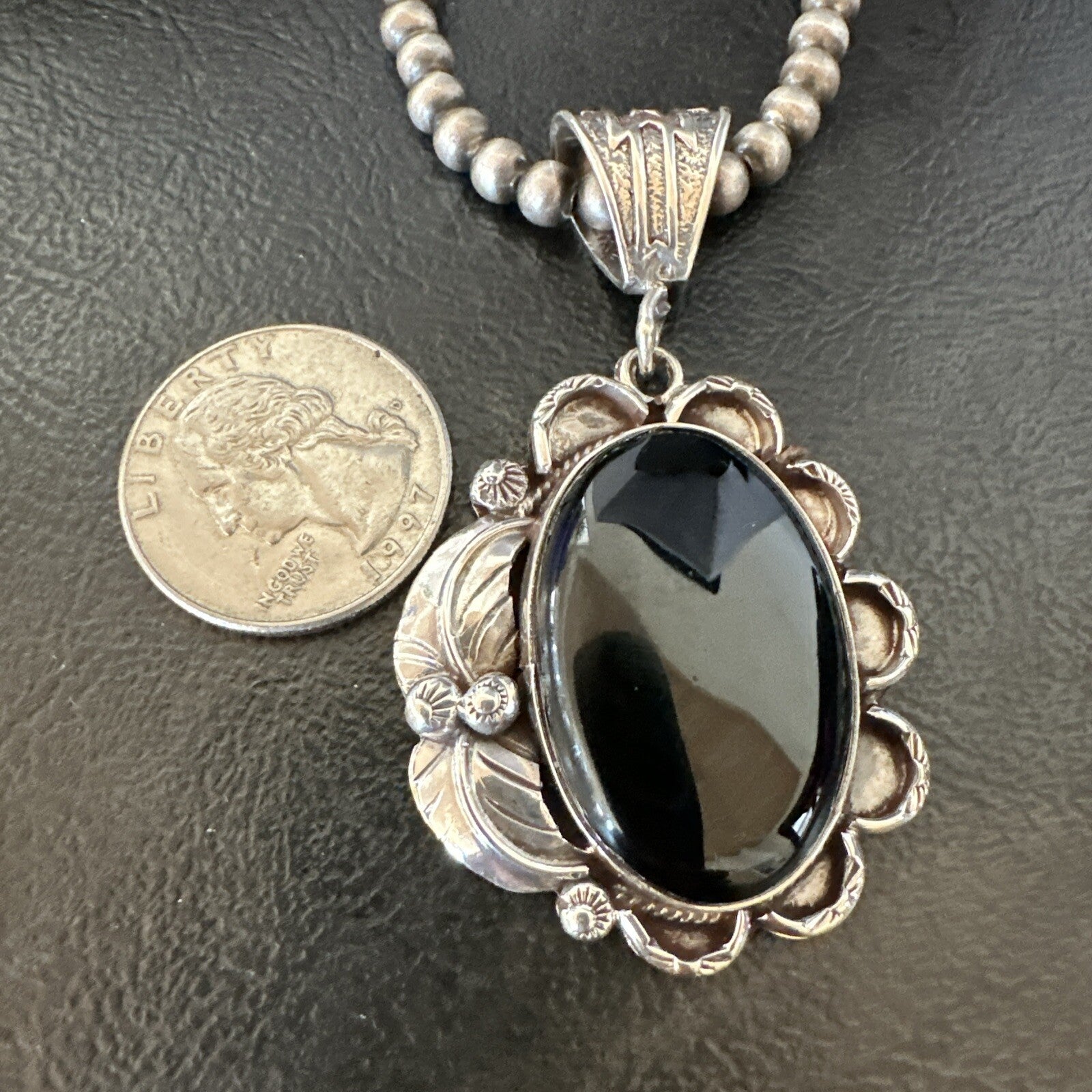 Mens Womens Black Onyx Pendant Navajo Sterling Silver Beads Necklace 18306