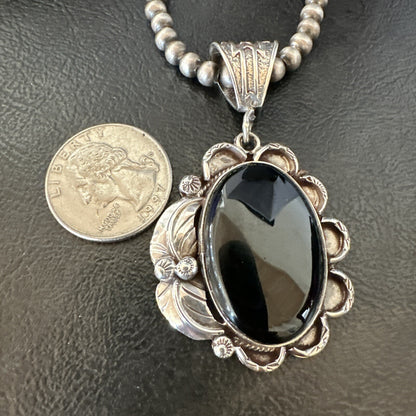 Mens Womens Black Onyx Pendant Navajo Sterling Silver Beads Necklace 18306