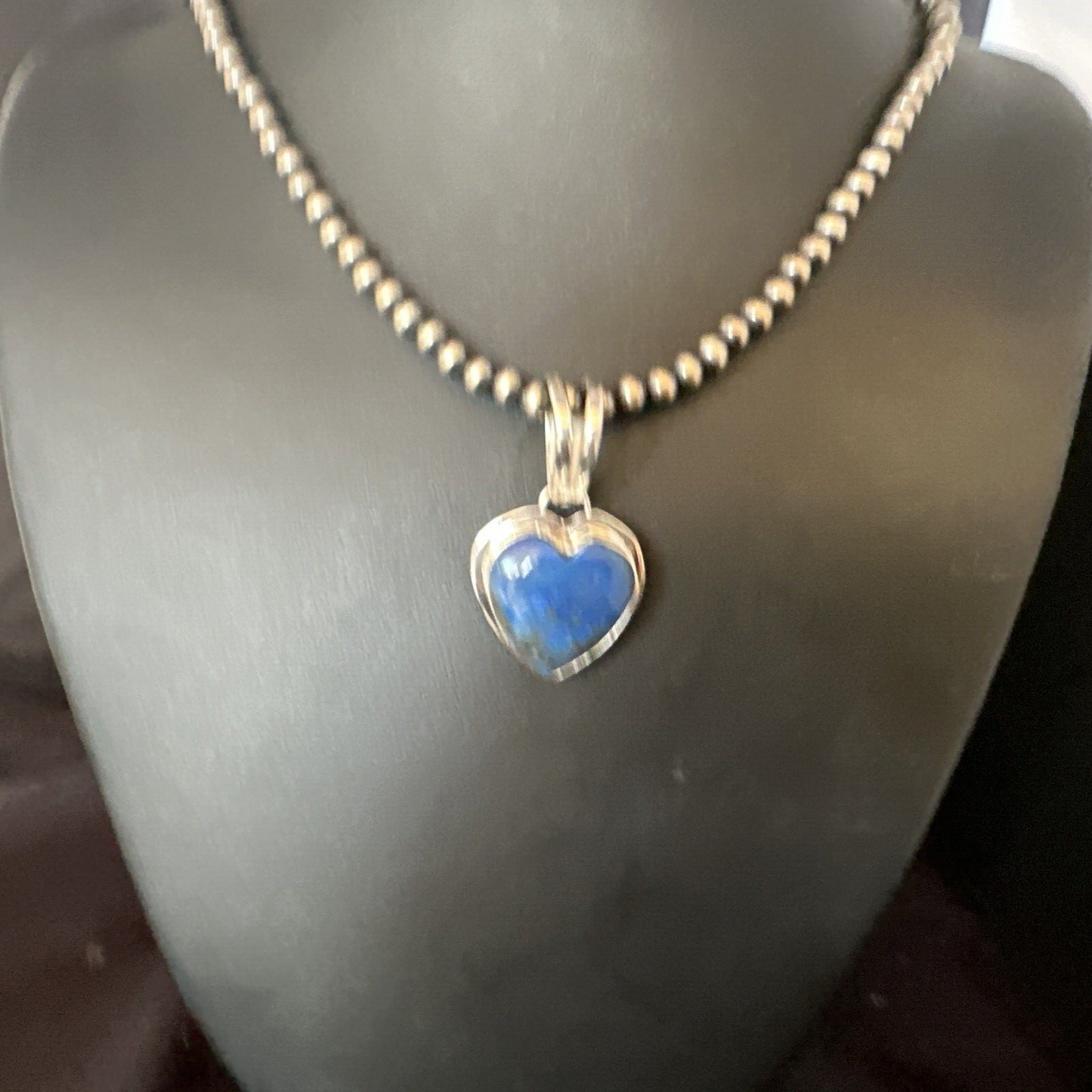 Blue Heart Lapis Pendant Navajo Sterling Silver Beads Necklace 15018