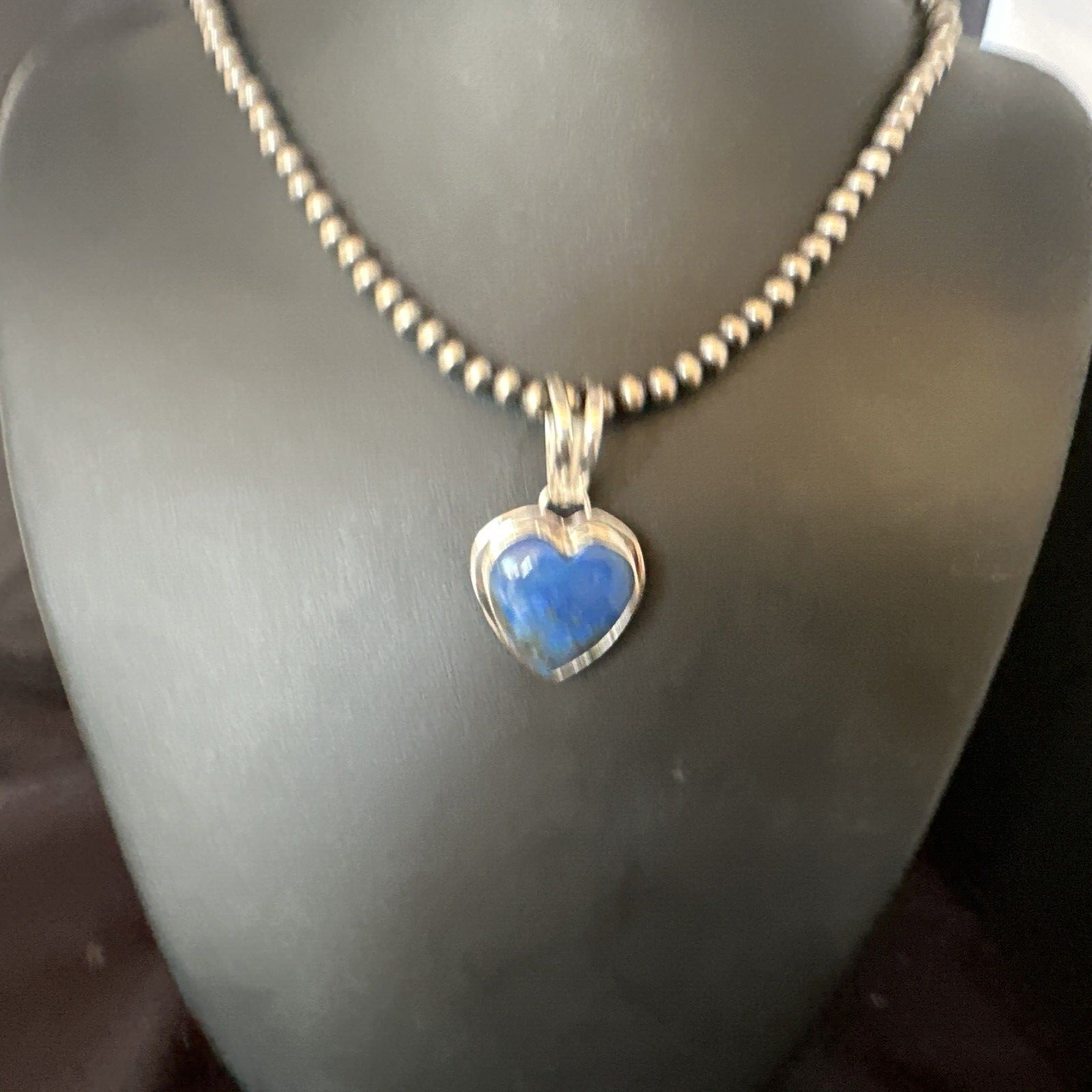 Blue Heart Lapis Pendant Navajo Sterling Silver Beads Necklace 15018