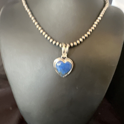 Blue Heart Lapis Pendant Navajo Sterling Silver Beads Necklace 15018