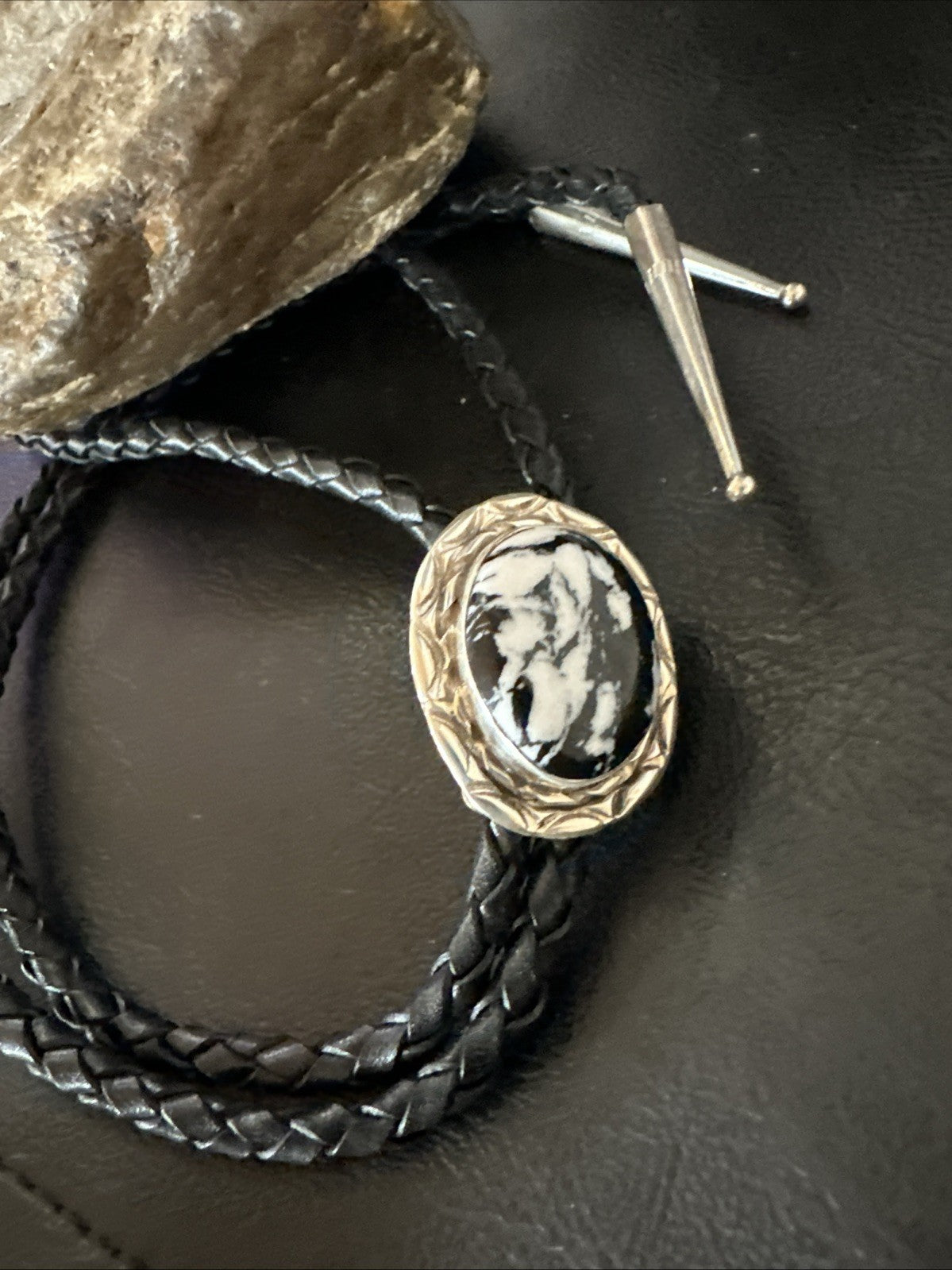 Mens BOLO TIE WHITE BUFFALO TURQUOISE Sterling Silver Navajo 1" 19121