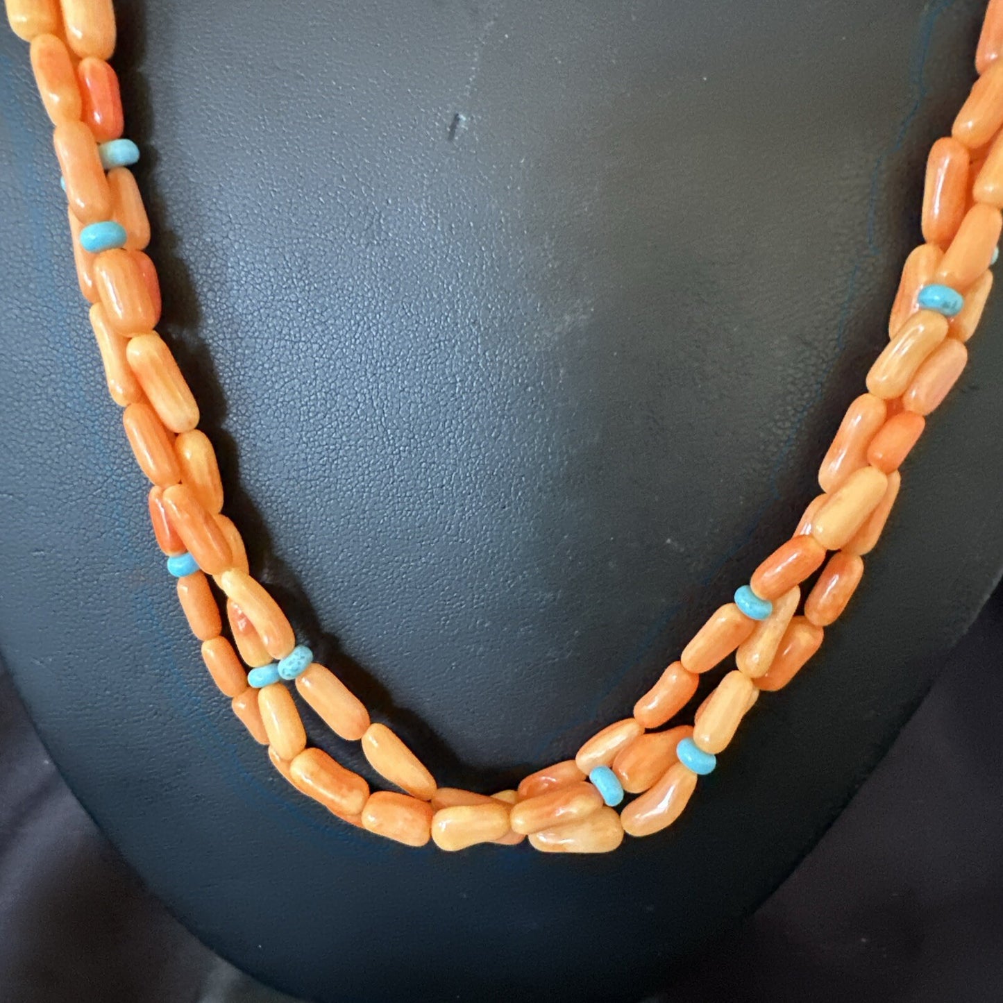 Native Turquoise Orange Coral Sterling Silver 3 Strand Necklace 21" 17818