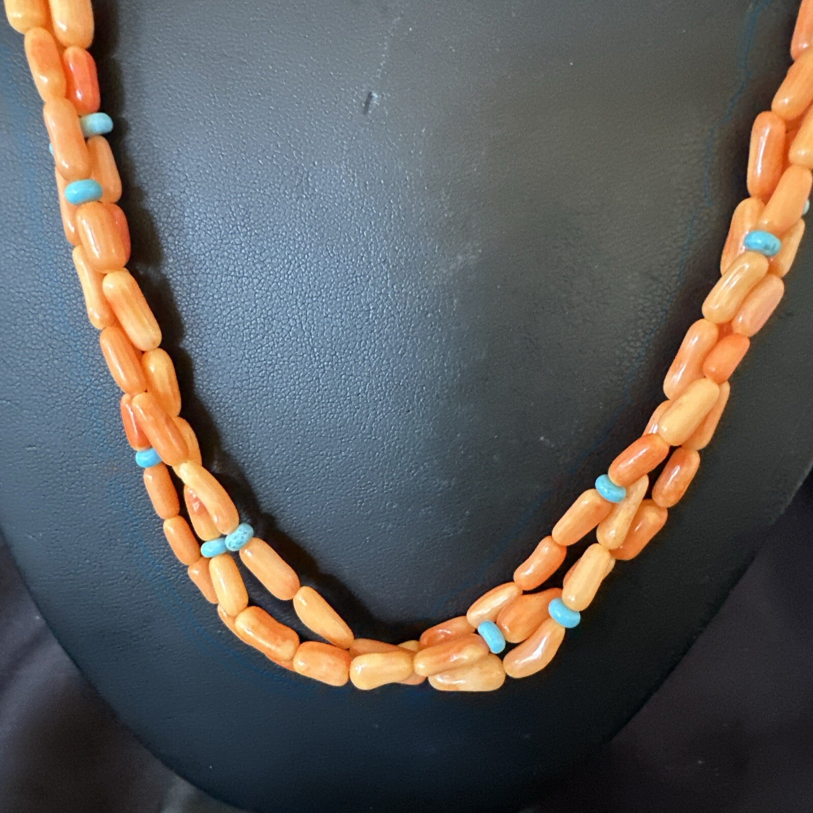 Native Turquoise Orange Coral Sterling Silver 3 Strand Necklace 21" 17818