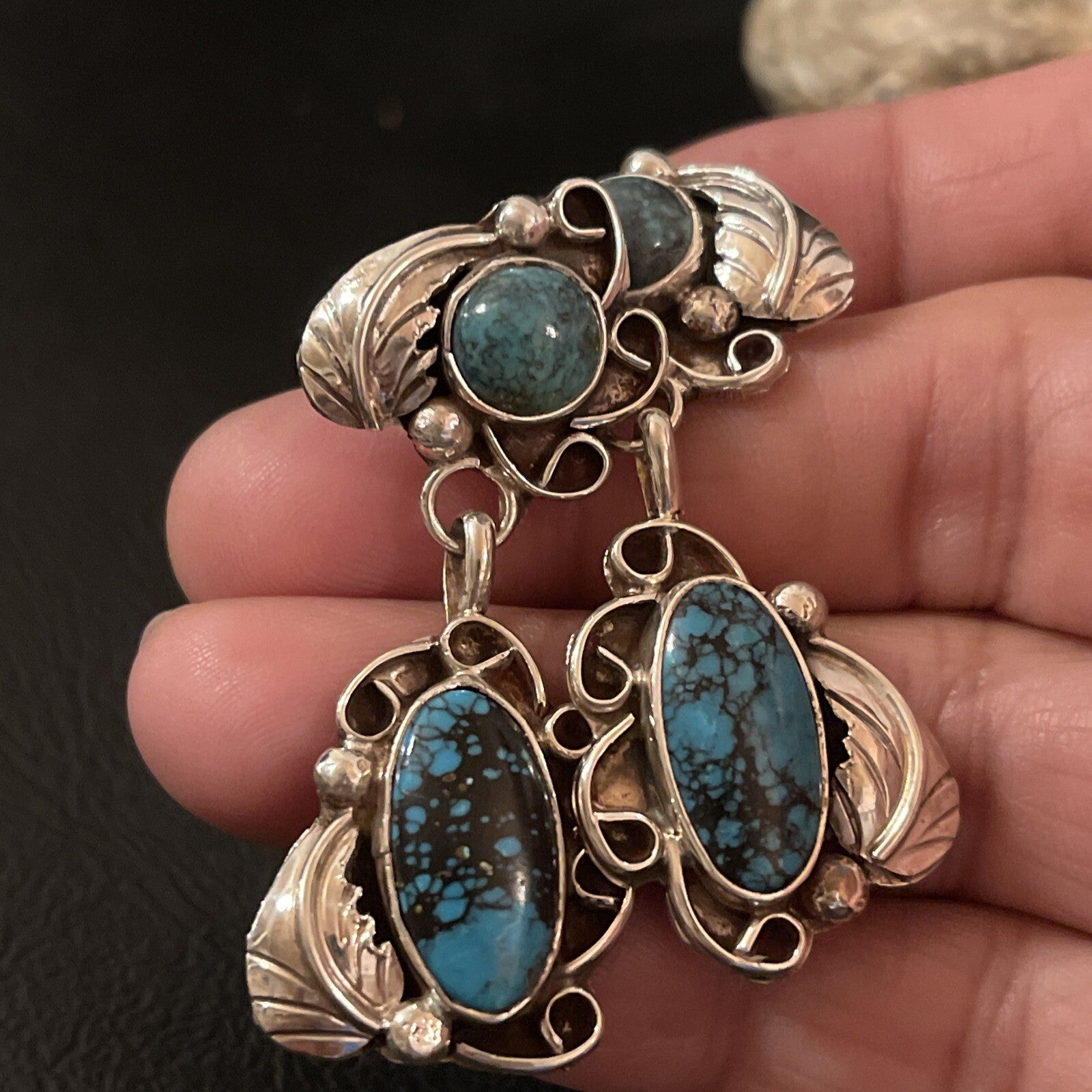Spiderweb Turquoise Navajo Sterling Silver Post Dangle Earrings 02026