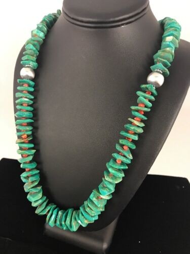Navajo Turquoise & Spiny Oyster Necklace Sterling Silver 30" 8063