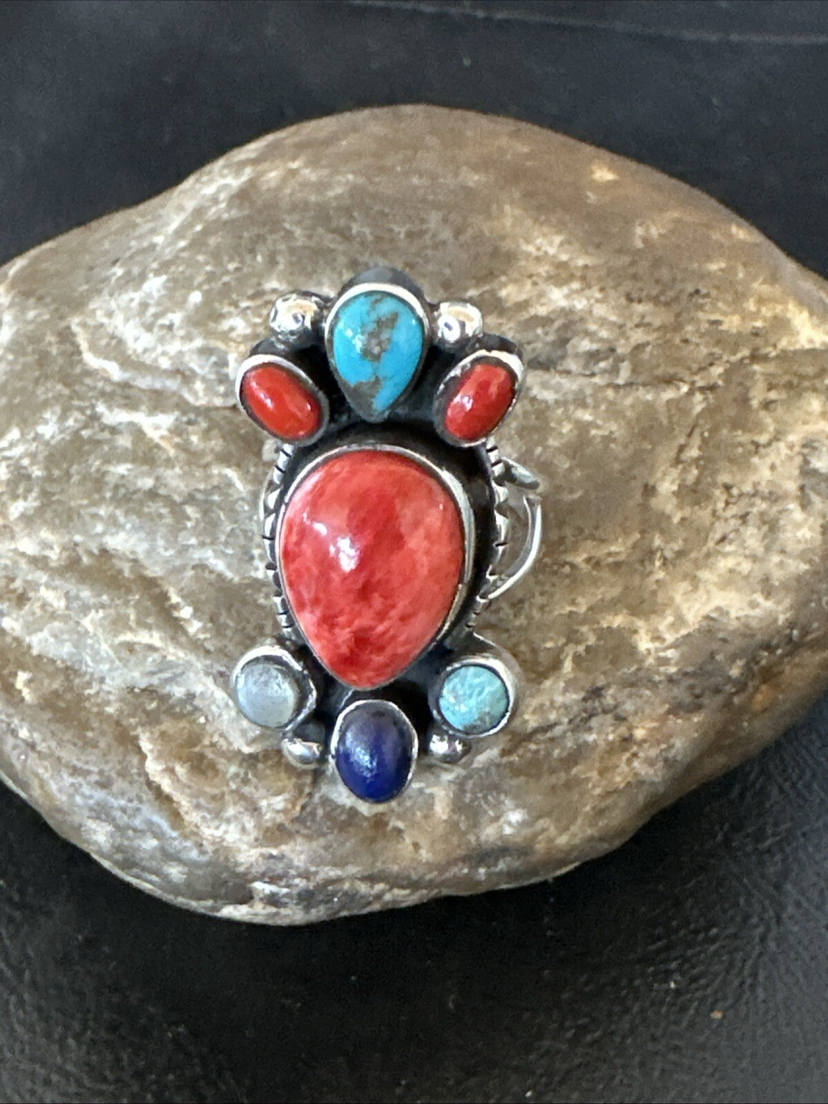 Cluster Blue Turquoise Spiny Oyster Onyx Sterling Silver Ring Size 9 18561