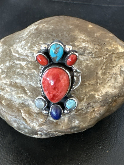 Cluster Blue Turquoise Spiny Oyster Onyx Sterling Silver Ring Size 9 18561