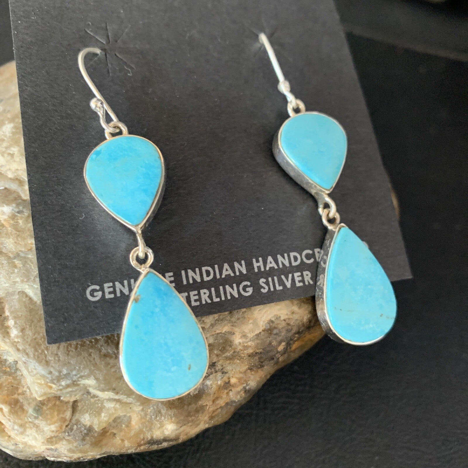 Kingman Turquoise Handmade Navajo Sterling Silver Dangle Earrings 1.75" 13897