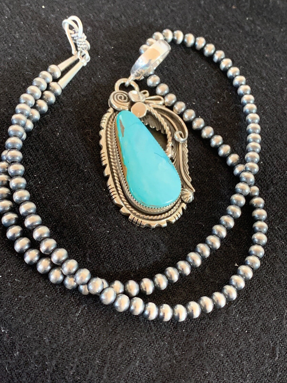 Royston Turquoise Pendant Navajo Sterling Silver Beads Necklace 08735