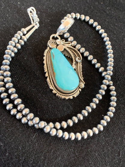 Royston Turquoise Pendant Navajo Sterling Silver Beads Necklace 08735