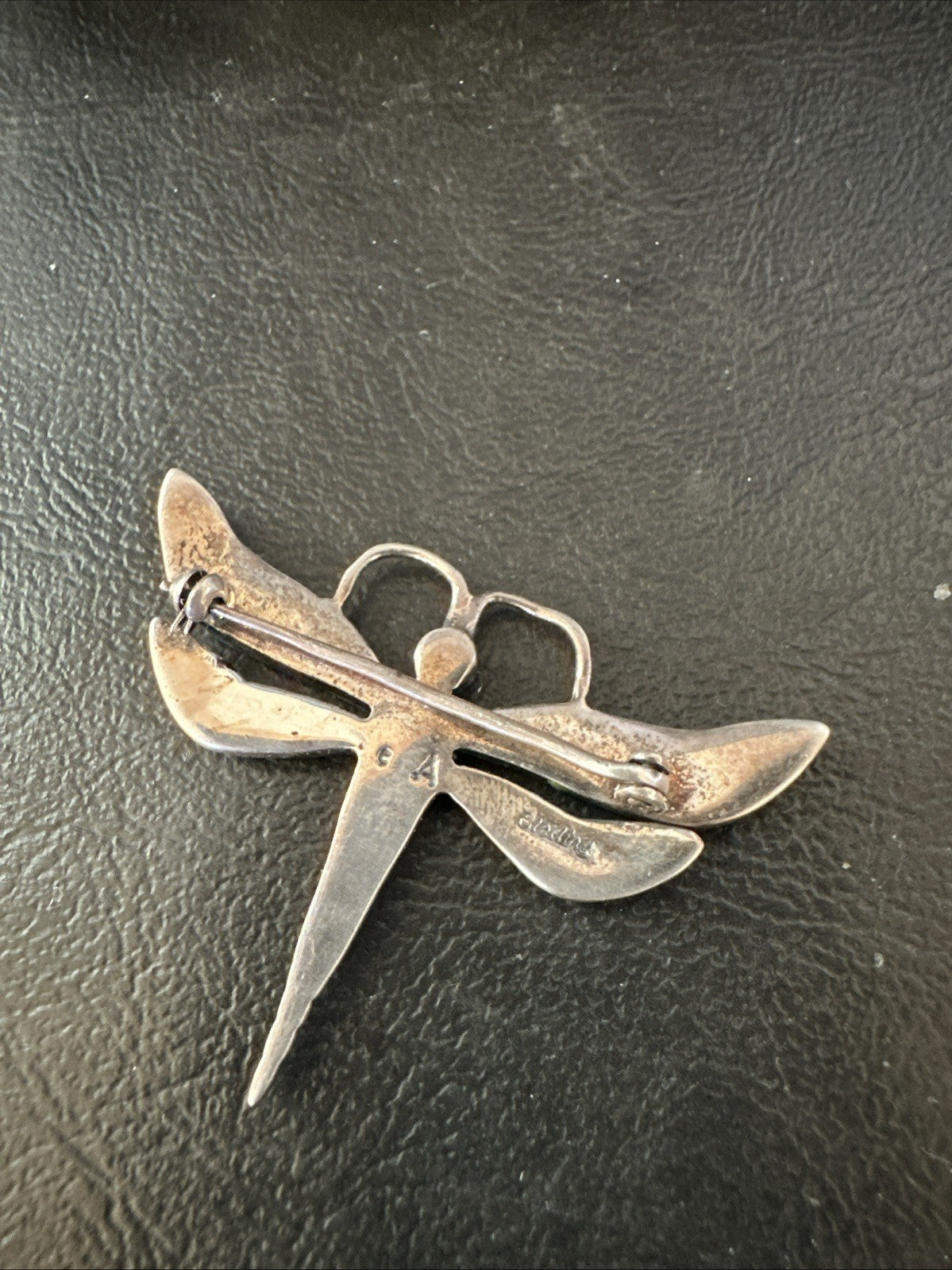 Rare Dragonfly Green Malachite Sterling Silver Inlay Pin 1.35” 19820