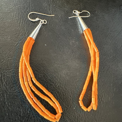 Orange Beads 2 Strands Heishi Liquid Sterling Silver Dangle Earrings 3” 19040