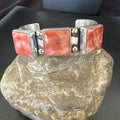 Red Spiny 3 Stone Navajo Cuff Bracelet 7.7" | Sterling Silver | Authentic Native American Handmade | 19487