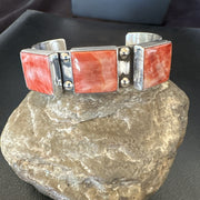 Red Spiny 3 Stone Navajo Cuff Bracelet 7.7" | Sterling Silver | Authentic Native American Handmade | 19487