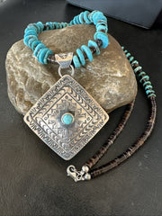 Navajo Blue Turquoise Stamped Pendant Shell 25"Necklace | Sterling Silver | Authentic Native American Handmade | 19709